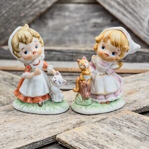 Pair of Vintage Homco Little Girl Figurines-Girl w/Cat and Girl w/ Squirrel, 3”H
